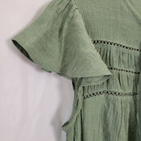 O.L.M. Medium Green Top Front Tie Gauze BOHO flutter sleeves crochet hippie EUC - Picture 3 of 10